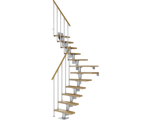 Escalier à limon central Pertura Spiros gris perle 65 cm garde-corps à barres verticales chêne vernis 12 marches 13 pas de marche
