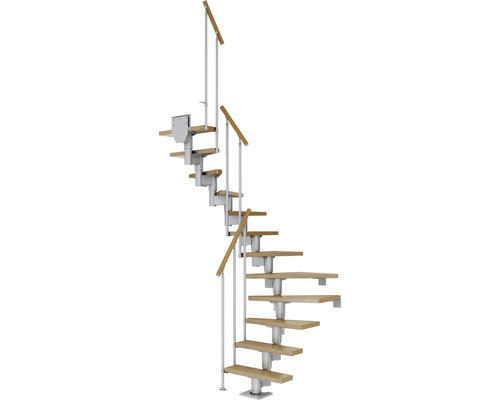 Escalier à limon central Pertura Spiros gris perle 65 cm garde-corps à barres verticales chêne vernis 13 marches 14 pas de marche