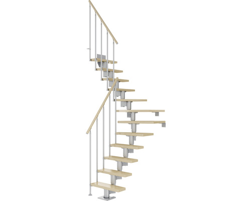 Escalier à limon central Pertura Spiros gris perle 65 cm garde-corps à barres verticales érable bois lamellé-collé vernis 11 marches 12 pas de marche