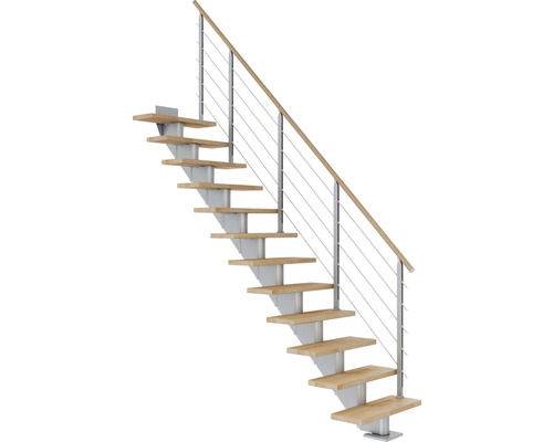 Escalier à limon central Pertura Alena gris perle 75 cm garde-corps à barres horizontales hêtre bois lamellé-collé huilé 11 marches 12 pas de marche