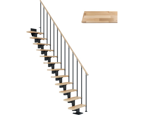 Escalier à limon central Pertura Spiros anthracite 65 cm garde-corps à barres verticales hêtre bois lamellé-collé vernis 11 marches 12 pas de marche