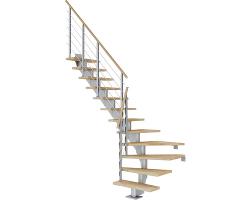 Escalier à limon central Pertura Alena gris perle 75 cm garde-corps à barres horizontales hêtre bois lamellé-collé huilé 11 marches 12 pas de marche