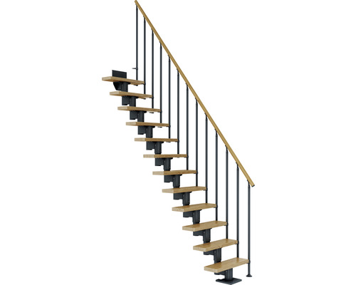 Escalier à crémaillère Pertura Spiros anthracite droit 65 cm garde-corps à barres verticales chêne verni 13 marches/14 pas de marche