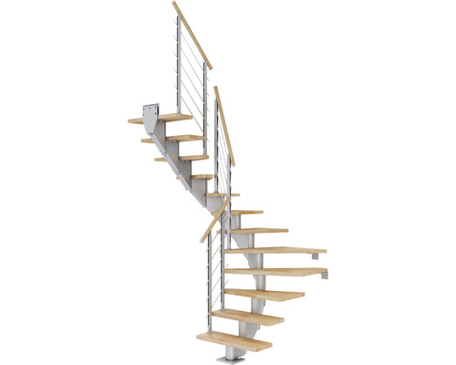 Escalier à limon central Pertura Alena gris perle 75 cm garde-corps à barres horizontales hêtre bois lamellé-collé huilé 11 marches 12 pas de marche