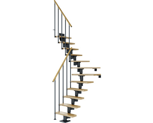 Pertura Mittelholmtreppe Spiros Anthrazit 65 cm Stabgeländer Eiche Lackiert 13 Stufen 14 Steigungen