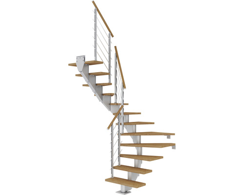 Escalier à limon central Pertura Alena gris perle 75 cm garde-corps à barres horizontales chêne bois lamellé-collé huilé 11 marches 12 pas de marche