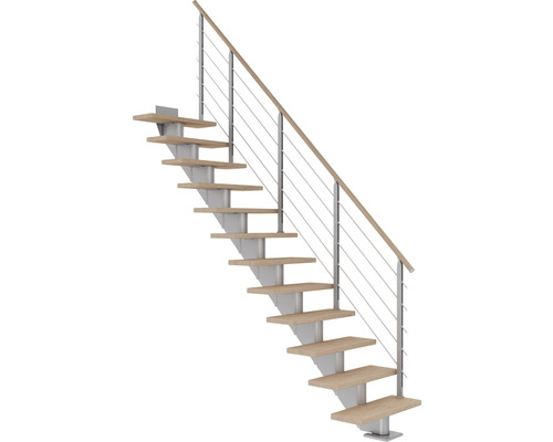 Escalier à limon central Pertura Alena gris perle 75 cm garde-corps à barres horizontales chêne bois lamellé-collé huilé 12 marches 13 pas de marche