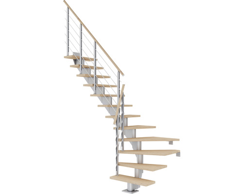 Escalier à crémaillère Pertura Alena 1/4 tournant en bas à gauche/droite 75 cm garde-corps à barres horizontales chêne blanc huilé 13 marches/14 pas de marche