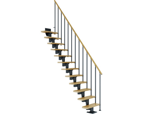 Escalier à crémaillère Pertura Spiros anthracite droit 65 cm garde-corps à barres verticales chêne verni 12 marches/13 pas de marche