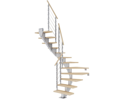 Escalier à crémaillère Pertura Alena 1/2 tournant 75 cm garde-corps à barres horizontales chêne blanc huilé 13 marches/14 pas de marche