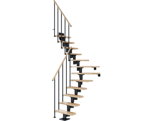 Escalier à limon central Pertura Spiros anthracite 75 cm garde-corps à barres verticales hêtre bois lamellé-collé vernis 11 marches 12 pas de marche