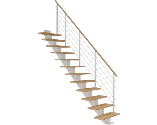 Escalier à limon central Pertura Alena blanc 75 cm garde-corps à barres horizontales hêtre bois lamellé-collé huilé 11 marches 12 pas de marche