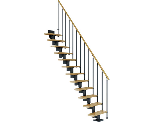 Escalier à crémaillère Pertura Spiros anthracite droit 65 cm garde-corps à barres verticales chêne verni 14 marches/15 pas de marche