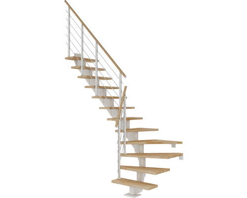 Escalier à limon central Pertura Alena blanc 75 cm garde-corps à barres horizontales hêtre bois lamellé-collé huilé 11 marches 12 pas de marche