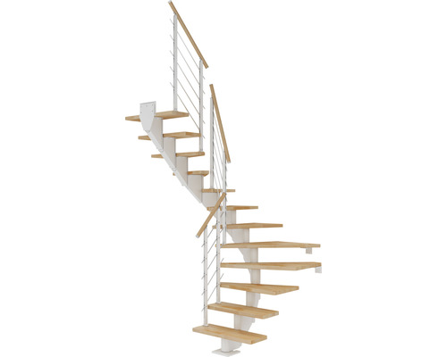 Escalier à limon central Pertura Alena blanc 75 cm garde-corps à barres horizontales hêtre bois lamellé-collé huilé 12 marches 13 pas de marche