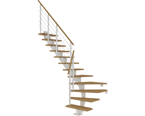 Escalier à limon central Pertura Alena blanc 75 cm garde-corps à barres horizontales chêne huilé 11 marches 12 pas de marche