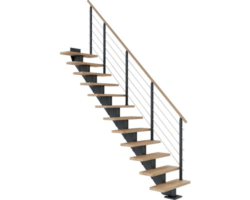 Escalier à crémaillère Pertura Alena anthracite droit 75 cm garde-corps à barres horizontales bois de hêtre lamellé-collé huilé 12 marches/13 pas de marche