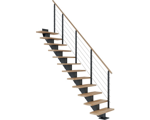 Escalier à crémaillère Pertura Alena anthracite droit 75 cm garde-corps à barres horizontales bois de hêtre lamellé-collé huilé 14 marches/15 pas de marche