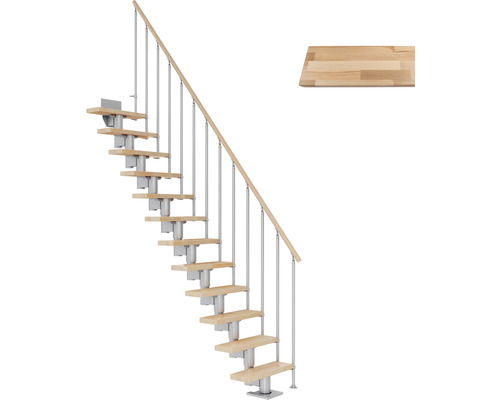 Escalier à crémaillère Pertura Spiros droit 75 cm garde-corps à barres verticales bois de hêtre lamellé-collé verni 14 marches/15 pas de marche