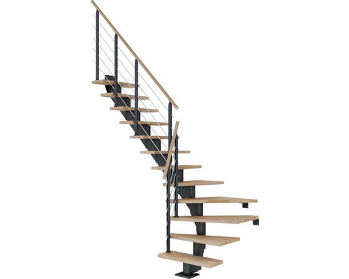 Escalier à limon central Pertura Alena anthracite 75 cm garde-corps à barres horizontales hêtre bois lamellé-collé huilé 11 marches 12 pas de marche