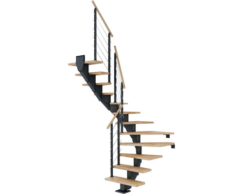 Escalier à limon central Pertura Alena anthracite 75 cm garde-corps à barres horizontales hêtre bois lamellé-collé huilé 11 marches 12 pas de marche