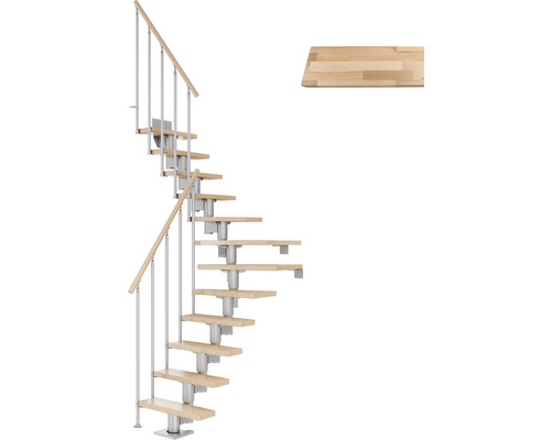 Escalier à limon central Pertura Spiros gris perle 75 cm garde-corps à barres verticales hêtre bois lamellé-collé vernis 13 marches 14 pas de marche