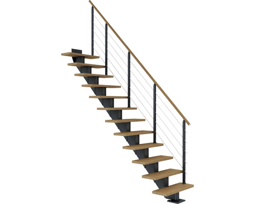 Escalier à crémaillère Pertura Alena anthracite droit 75 cm garde-corps à barres horizontales chêne huilé 11 marches/12 pas de marche