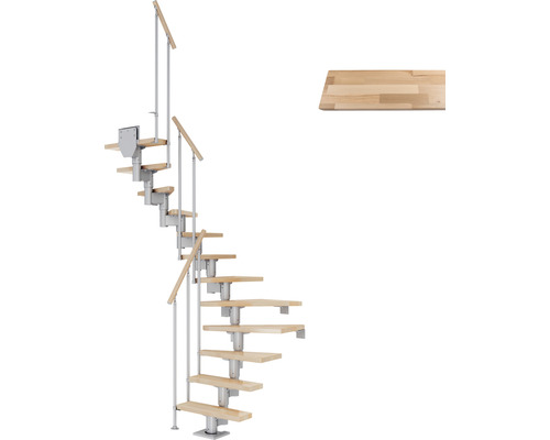 Pertura Mittelholmtreppe Spiros Perlgrau 75 cm Stabgeländer Buche Leimholz Lackiert 11 Stufen 12 Steigungen