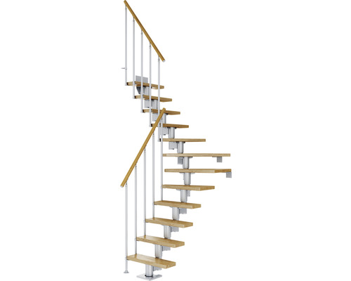 Escalier à limon central Pertura Spiros gris perle 75 cm garde-corps à barres verticales chêne vernis 12 marches 13 pas de marche