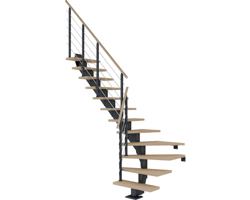 Escalier à limon central Pertura Alena anthracite 75 cm garde-corps à barres horizontales chêne bois lamellé-collé huilé 14 marches 15 pas de marche