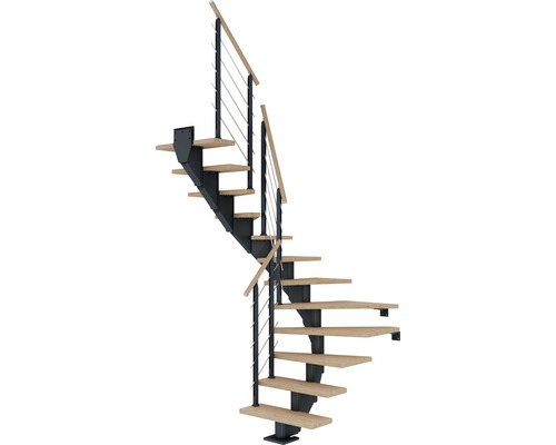 Escalier à crémaillère Pertura Alena anthracite 1/2 tournant 75 cm garde-corps à barres horizontales chêne blanc huilé 12 marches/13 pas de marche