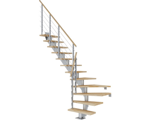 Escalier à limon central Pertura Alena gris perle 85 cm garde-corps à barres horizontales hêtre bois lamellé-collé huilé 11 marches 12 pas de marche