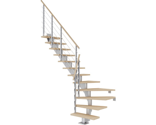 Escalier à crémaillère Pertura Alena 1/4 tournant en bas à gauche/droite 85 cm garde-corps à barres horizontales chêne blanc huilé 11 marches/12 pas de marche