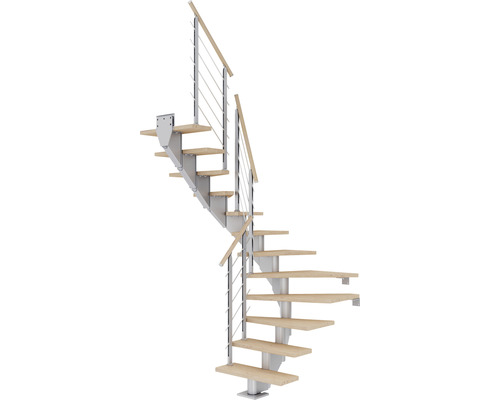 Escalier à crémaillère Pertura Alena 1/2 tournant 85 cm garde-corps à barres horizontales chêne blanc huilé 11 marches/12 pas de marche