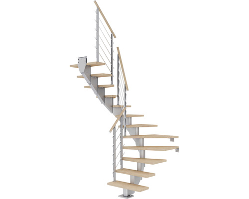 Escalier à limon central Pertura Alena gris perle 85 cm garde-corps à barres horizontales chêne bois lamellé-collé huilé 12 marches 13 pas de marche