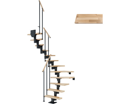 Escalier à limon central Pertura Spiros anthracite 75 cm garde-corps à barres verticales hêtre bois lamellé-collé vernis 11 marches 12 pas de marche