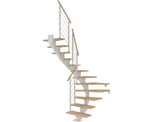 Escalier à limon central Pertura Alena blanc 85 cm garde-corps à barres horizontales hêtre bois lamellé-collé huilé 12 marches 13 pas de marche