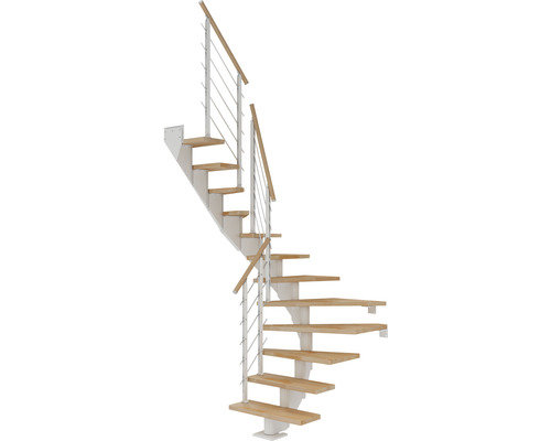 Escalier à limon central Pertura Alena blanc 85 cm garde-corps à barres horizontales hêtre bois lamellé-collé huilé 14 marches 15 pas de marche Escalier en colimaçon avec marches en bois et rampe en métal
