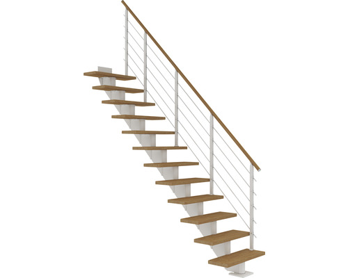 Escalier à limon central Pertura Alena blanc 85 cm garde-corps à barres horizontales chêne bois lamellé-collé huilé 11 marches 12 pas de marche