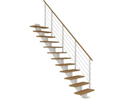 Escalier à crémaillère Pertura Alena blanc droit 85 cm garde-corps à barres horizontales chêne huilé 13 marches/14 pas de marche