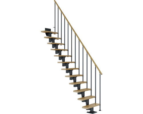 Escalier à crémaillère Pertura Spiros anthracite droit 75 cm garde-corps à barres verticales chêne verni 14 marches/15 pas de marche