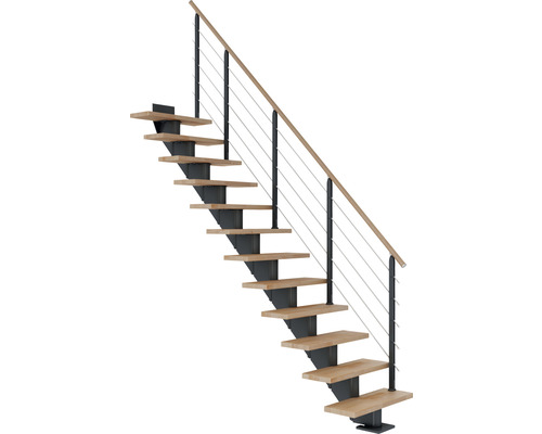 Escalier à crémaillère Pertura Alena anthracite droit 85 cm garde-corps à barres horizontales bois de hêtre lamellé-collé huilé 13 marches/14 pas de marche