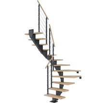 Escalier en colimaçon avec marches en bois et garde-corps en métal