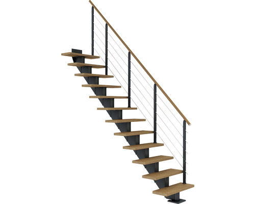 Escalier à limon central Pertura Alena anthracite 85 cm garde-corps à barres horizontales chêne bois lamellé-collé huilé 11 marches 12 pas de marche