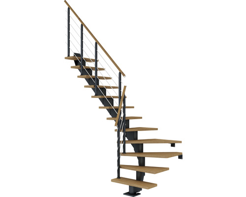 Escalier à limon central Pertura Alena anthracite 85 cm garde-corps à barres horizontales chêne bois lamellé-collé huilé 12 marches 13 pas de marche