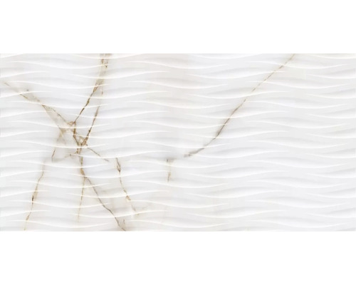 Feinsteinzeug Wandfliese Topaz gold weiss 45x90 cm Weisse Wandfliese mit Marmoroptik und Wellenmuster