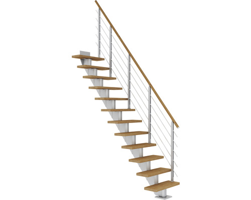 Escalier à limon central Pertura Malva gris perle 65 cm garde-corps à barres horizontales chêne huilé 11 marches 12 pas de marche