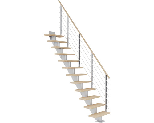 Escalier à limon central Pertura Malva gris perle 65 cm garde-corps à barres horizontales chêne huilé 11 marches 12 pas de marche