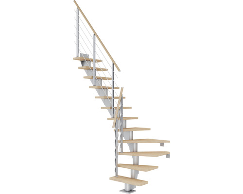 Pertura Mittelholmtreppe Malva perlgrau 1/4 gewendelt unten links/rechts 65 cm Stabgeländer Eiche Weiss geölt 13 Stück Stufen - 14 Steigungen