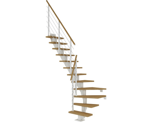 Pertura Mittelholmtreppe Malva weiss 1/4 gewendelt unten links/rechts 65 cm Stabgeländer Eiche Leimholz Geölt 12 Stück Stufen - 13 Steigungen